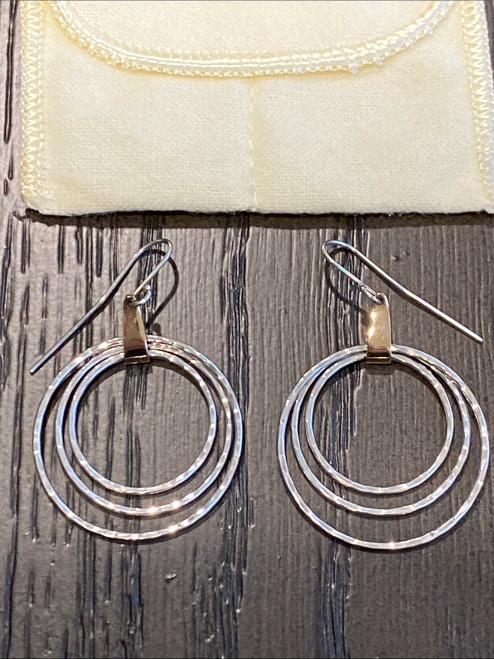 JAMES AVERY-Retired-Gold & Sterling Silver 3-Hammerd Triple Circle Earrings - Picture 2 of 7